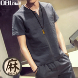 夏季男士亚麻短袖衬衫修身日系大码青年棉麻衬衣男半袖V领体恤衫