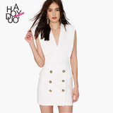 Haoduoyi2016夏新款 欧美风性感V领纽扣装饰 时尚修身包臀连衣裙