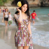 韩国代购彩色线头条纹收腰显瘦短裙修身粉色吊带抹胸海边连衣裙夏
