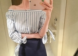 韩版正品直邮女装衬衫Marlangrouge清新条纹纯棉一字领长袖上衣