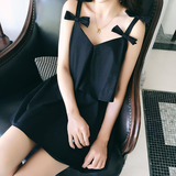 2016夏季新品V领黑色无袖吊带连衣裙女蝴蝶结性感韩版显瘦短裙子