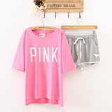 韩国pink夏季新款纯棉短袖女款家居服可爱睡衣休闲运动套装