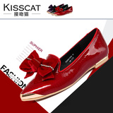 Kisscat2015秋季真皮英伦女鞋水钻蝴蝶结尖头单鞋浅口平底鞋婚鞋