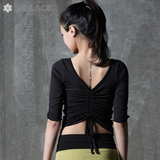 韩国INBLACK代购正品背后抽褶七分袖黑色T瑜伽服健身普拉提上衣女