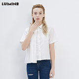 LUIMINE2016夏装新款白色修身显瘦纯棉短款衬衫女衬衣短袖不对称
