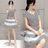 2016夏季短袖新款中长裙单件中年女装大摆型韩版条纹气质连衣裙