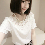代购2016夏季新款韩版蕾丝雪纺衫女一字领短袖上衣短款白色打底衫