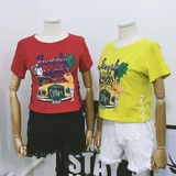 韩国夏季原宿风韩版学院风糖果色卡通绑带短款高腰短袖T恤女上衣