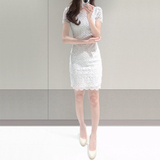 2016夏季新款韩国代购复古修身包臀中裙白色短袖蕾丝连衣裙中长款
