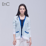 代购EnC韩版 新款通勤纯色条纹长袖开衫针织衫EHCK32497P