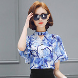 2016夏季新款女装韩版修身蝙蝠袖花色小衫上衣印花短袖雪纺衫 潮