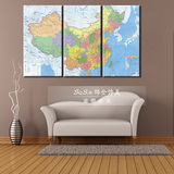 中国地图装饰画 世界地图挂画 办公室书房壁画 客厅三联无框画