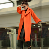 女士韩版橘色羊绒大衣中长款2015冬季加厚新款长袖过膝外套
