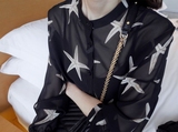 2015春夏新款韩国夜店性感透视雪纺衬衫女长袖 星星海星衬衣黑色
