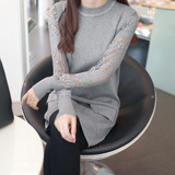 肯莉娅秋冬新品韩版中长款蕾丝袖半高领口袋针织衫女毛衣打底衫