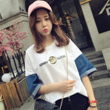 夏季韩版原宿风卡通刺绣字母狗头短袖T恤女学生拼接中袖上衣BF风