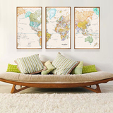 派刻世界地图三联挂画沙发背景墙有框画办公室现代客厅装饰画书房