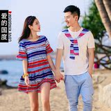 爱的国度沙滩情侣装夏装韩版条纹短袖t恤男女海边宽松甜美连衣裙