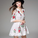 专柜正品夏季玫瑰花刺绣丝绵连衣裙中袖黑白色收腰衬衫裙高端显瘦