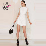 Haoduoyi2016春夏新款 甜美精致蕾丝网格拼接 镂空层叠收腰连衣裙