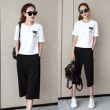 韩国品牌女装2016新款短袖阔腿七分裤两件套夏季时尚休闲运动套装
