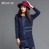 bello sz2015秋冬季新款拼接修身显瘦长袖连衣裙高腰圆领直筒裙女