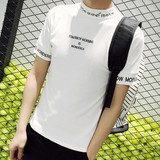 夏季韩版小高领短袖T恤男时尚潮牌领口字母印花修身tee潮男紧身衣