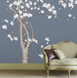 自粘PVC防水现代简约新中式玉兰花 电视沙发卧室背景墙 大型壁画