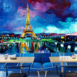 油画巴黎铁塔风景大型壁画酒吧咖啡厅休闲吧KTV墙纸客厅卧室壁纸