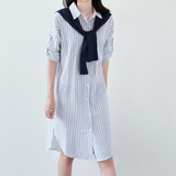 LILI|简约文艺日式 披肩T式两件套 中长款条纹衬衫 连衣裙