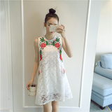 夏季新款韩版女装气质宽松圆领无袖短裙花朵绣花蕾丝连衣裙+K33