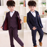 童装2015秋季新款男童西装套装格子长袖童礼服儿童格子西服三件套