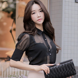 爱熹尔2016韩版夏季优雅时尚名媛气质短袖衬衫性感雪纺透视上衣女