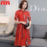 歌比姿2016春夏新款 韩版优雅气质印花时尚立领中袖红色连衣裙女