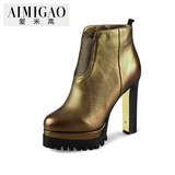 AIMIGAO爱米高2015秋冬新款 进口牛皮粗高跟防水台短靴