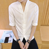 夏季男装中袖衬衫韩版修身立领纯色衣服男学生白色七分袖衬衫男潮