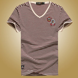 2016夏季男士V领条纹短袖T恤薄款青年大码针织半袖宽松纯色体恤衫
