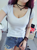 韩国夏季白色卷边V领短袖T恤修身显瘦上衣大码纯棉简约打底衫女潮