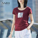 艾米AMII女装旗舰店2016夏新款圆领抽象印花弹力修身棉短袖T恤女