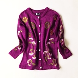 【特价】vc春装新款 复古纯手工刺绣藤蔓花朵古着紫色大毛衣开衫