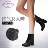 哈森/harson 冬季新款圆头系带休闲女短靴 粗跟女鞋HA49015