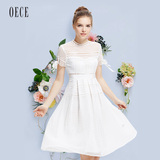 Oece2016夏装新款女装 镂空网格圆领短袖收腰连衣裙夏女162HS241