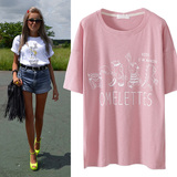 欧洲站2016夏季新款女士竹节棉卡通圆领短袖套头中长款打底衫T恤