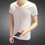 夏季男士大码短袖t恤韩版修身男青年运动简单纯色V领打底衫男体恤