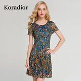Koradior/珂莱蒂尔正品欧美复古印花修身时尚收腰百褶夏季连衣裙