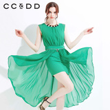 CCDD2015夏装专柜正品高腰大摆型连衣裙 沙滩雪纺气质拼接长裙