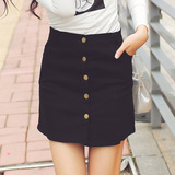 2016女装新款韩版棉纺弹性单排扣包臀纯色短裙高腰修身女时尚百搭