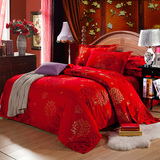 床品加厚全棉四件套婚庆大红100%纯棉磨毛4件套韩版床单被套2米