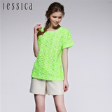 JESSICA杰西卡女装V领镂空纯色T恤拼接通勤学院风短袖女士打底衫