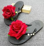 包邮韩版海边度假珍珠手工玫瑰花朵度假沙滩拖鞋人字拖女平跟拖鞋